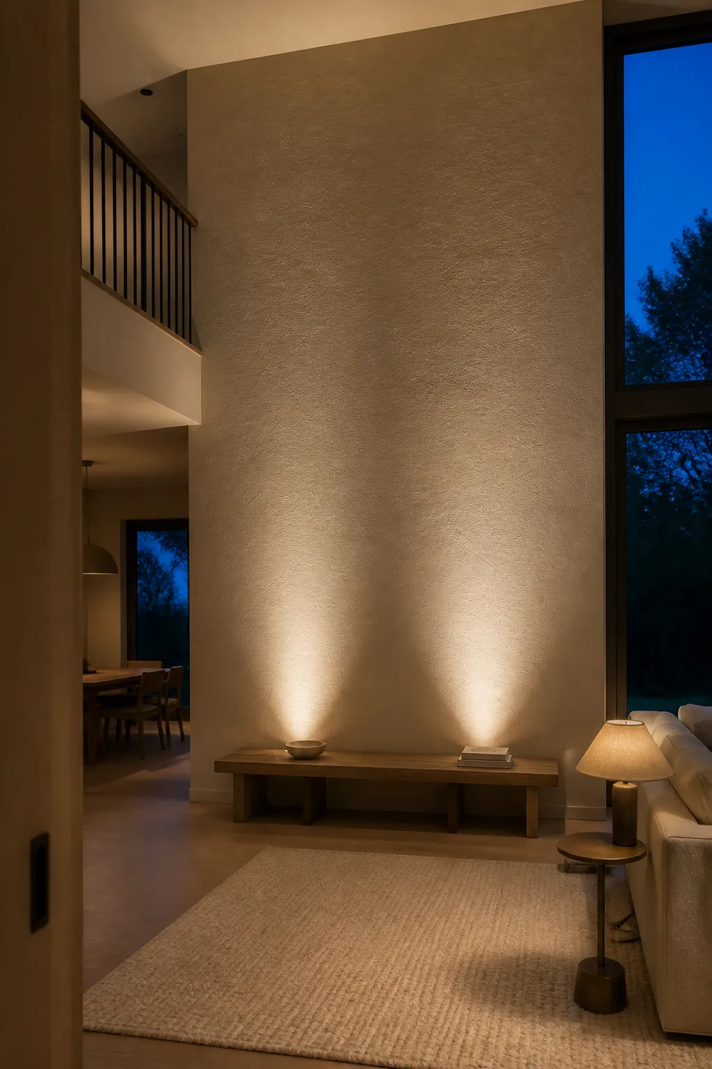 Tall textured wall finished with a soft evening light wash