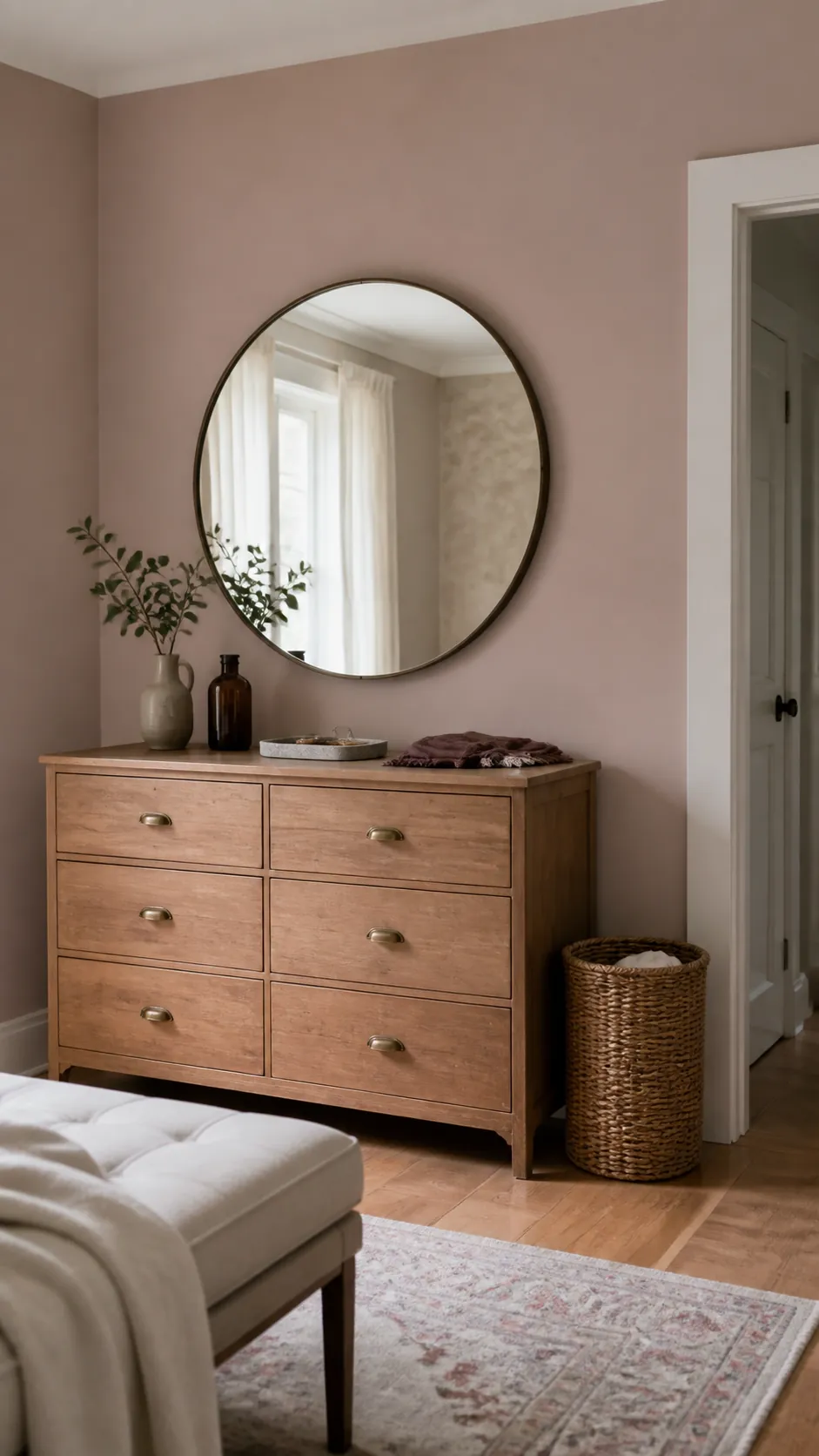Round mirror balanced above a wood bedroom dresser