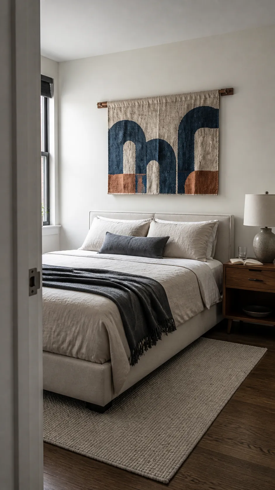 Woven textile anchoring the bedroom wall above a bed