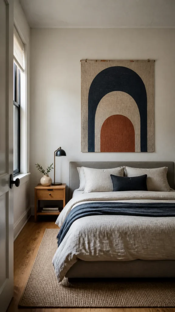 Calm bedroom with a thoughtfully decorated blank wall