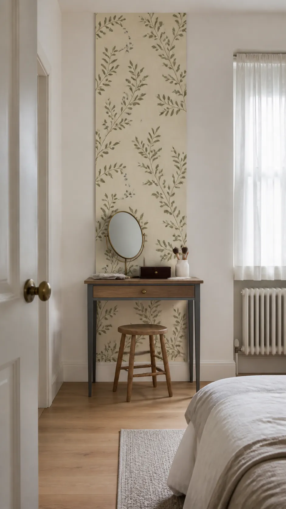 Removable botanical wallpaper panel defining a bedroom vanity