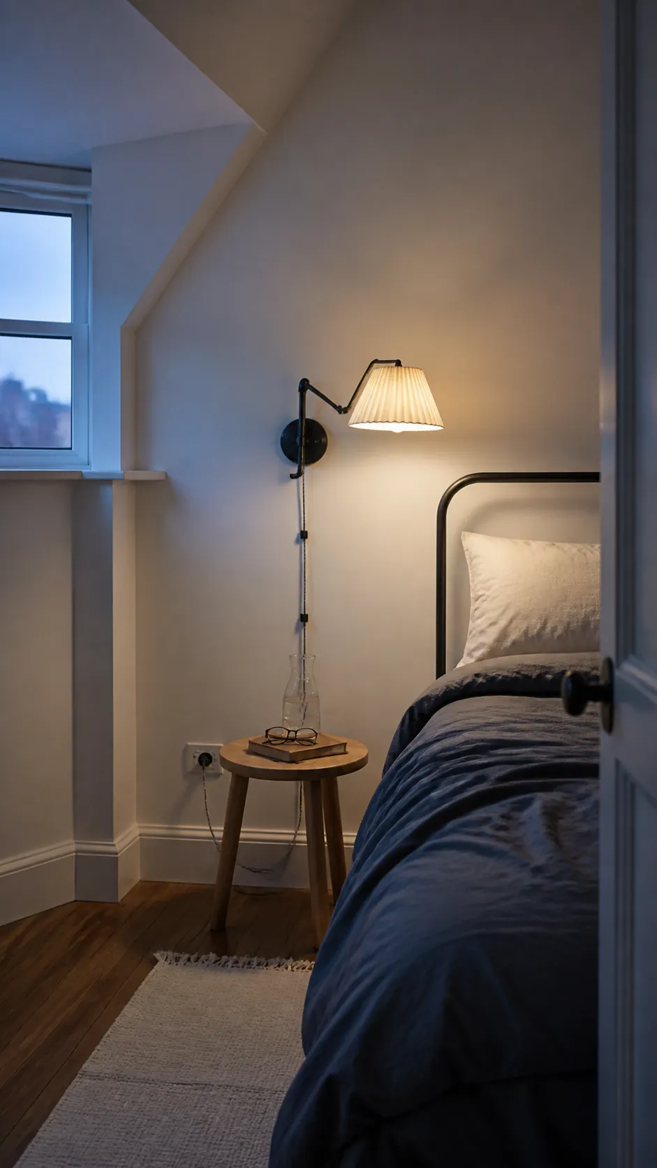 Gentle bedside wall light creating a calm evening bedroom