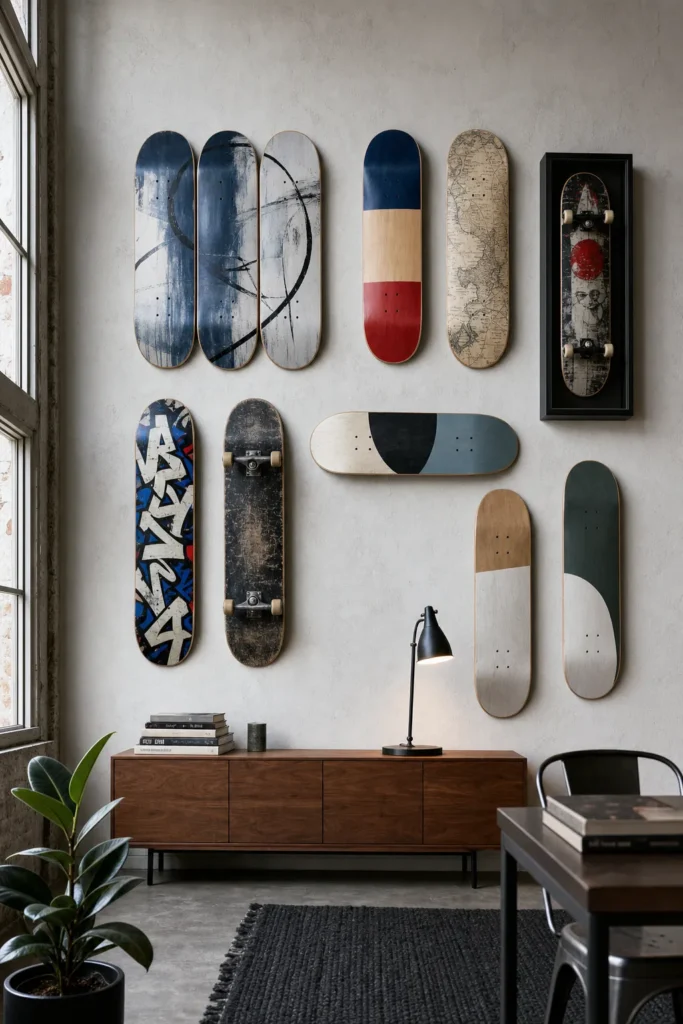 Ten distinct skateboard wall art displays arranged in a stylish creative loft