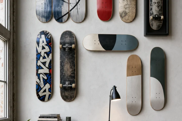Ten distinct skateboard wall art displays arranged in a stylish creative loft