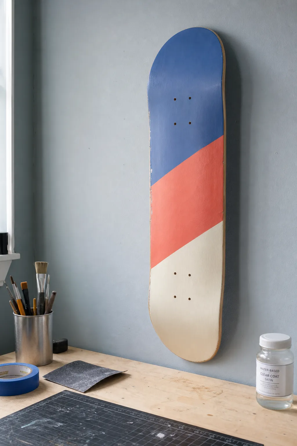 DIY color-block painted skateboard deck mounted on a creative studio wall
