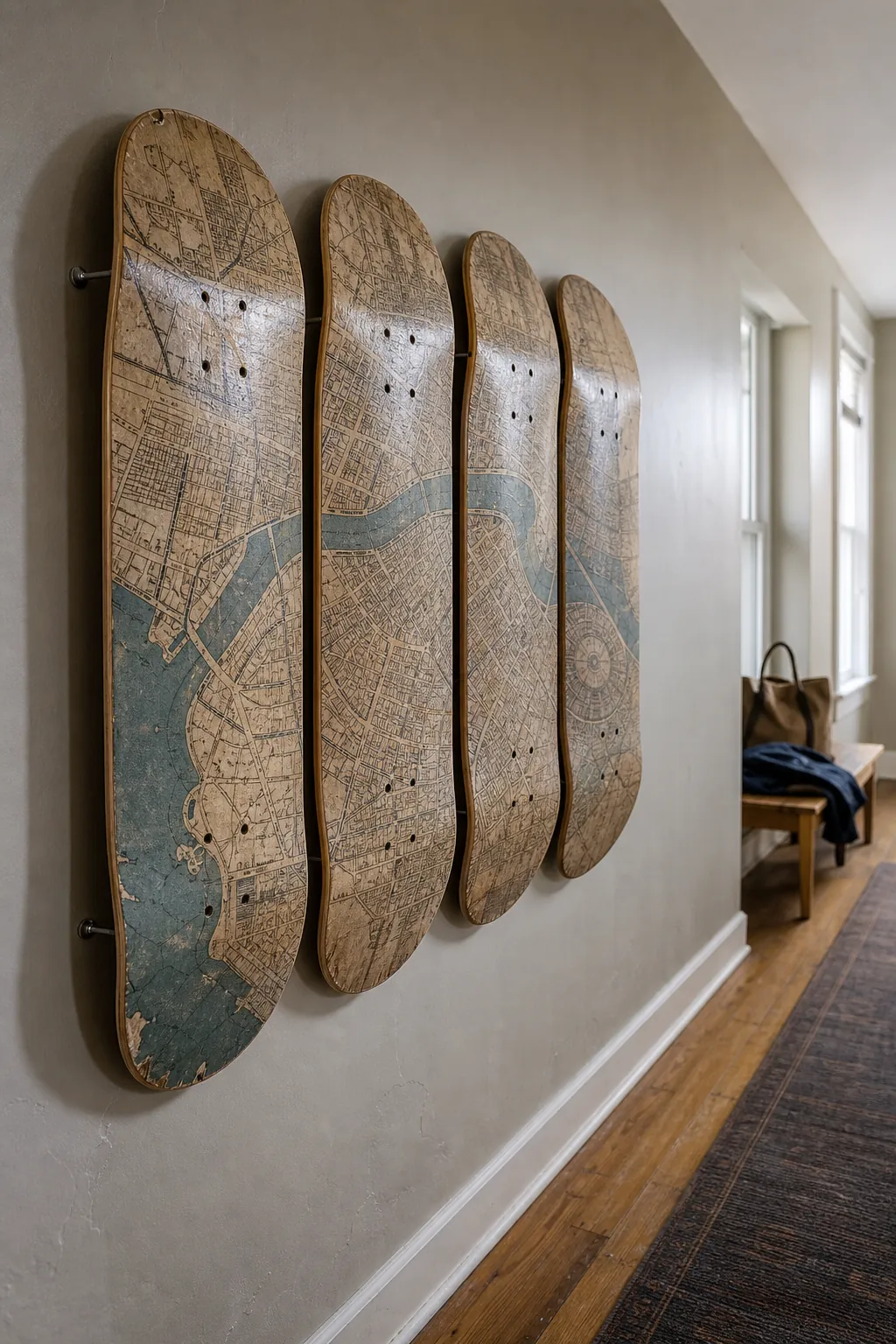 Four skateboard decks carrying one continuous vintage city map artwork