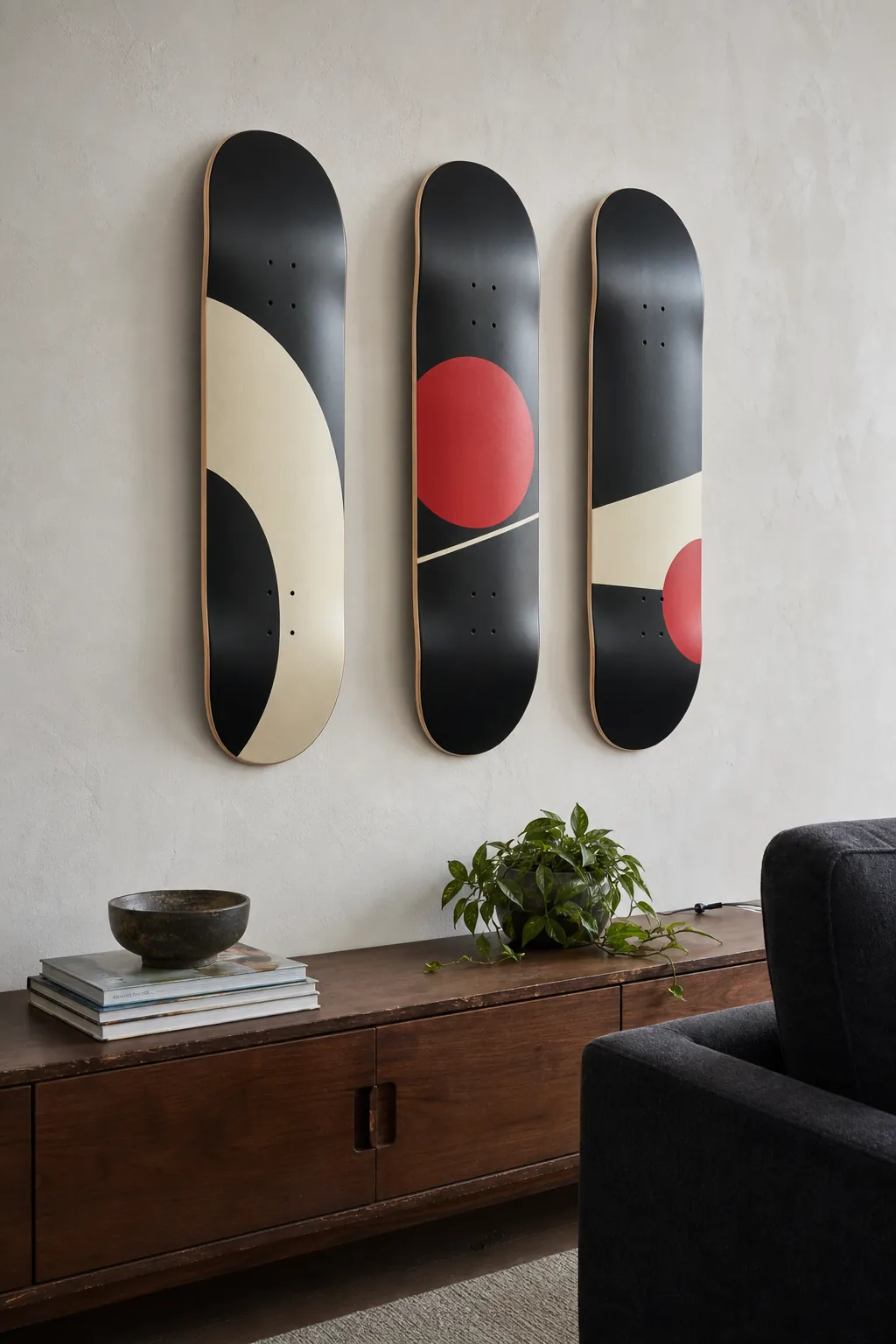 Three coordinated skateboard decks displayed as graphic wall art above a low cabinet
