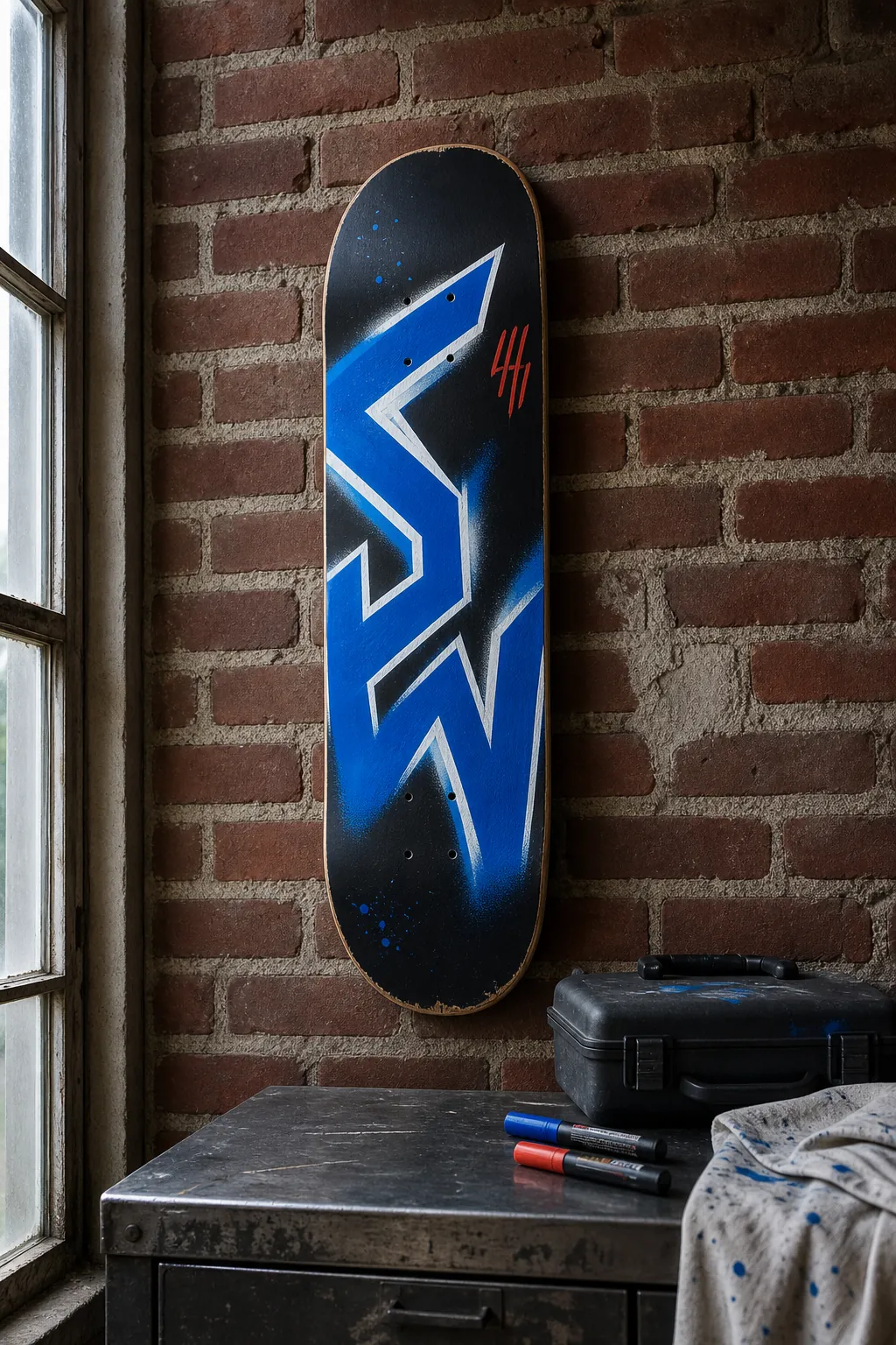 Hand-painted skateboard graffiti deck displayed on a raw brick studio wall