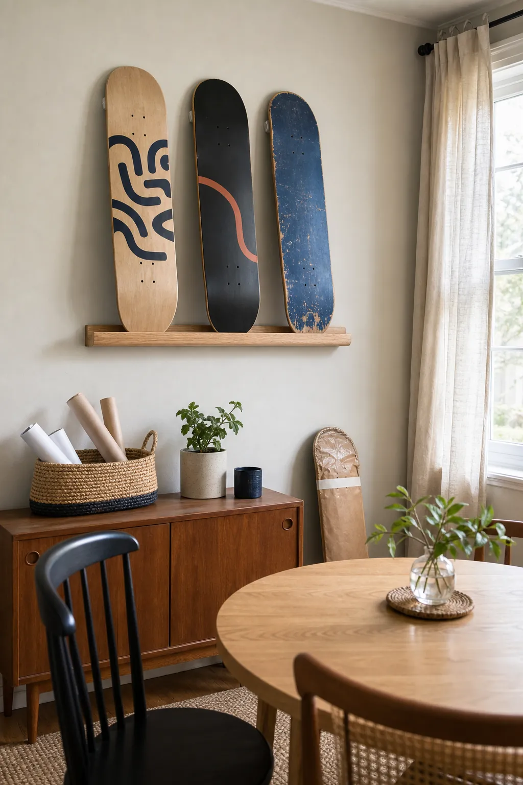 Skateboard decks leaning safely on a slim picture ledge in a rental apartment