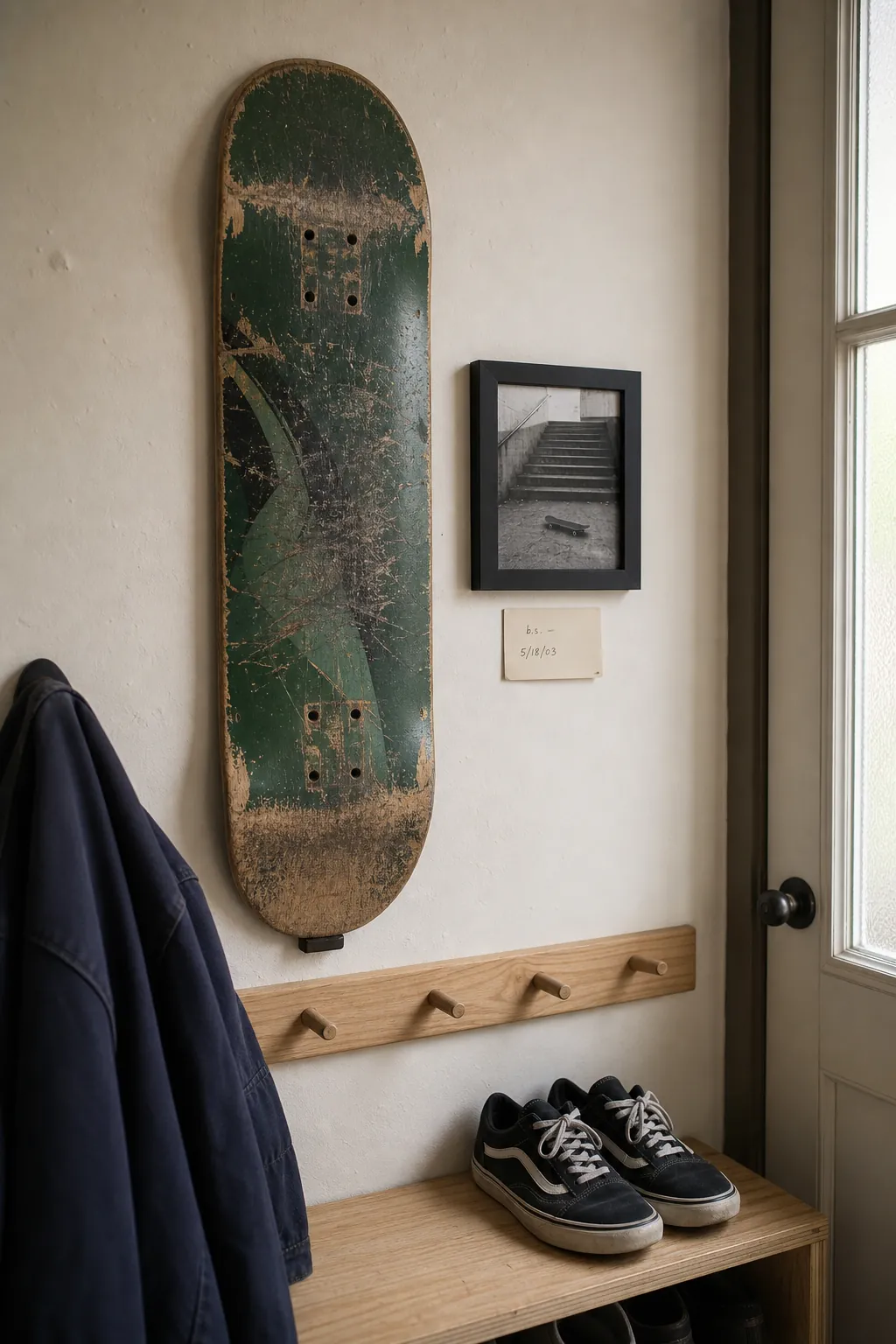 Worn retired skateboard deck displayed with a small date plaque and skate photo