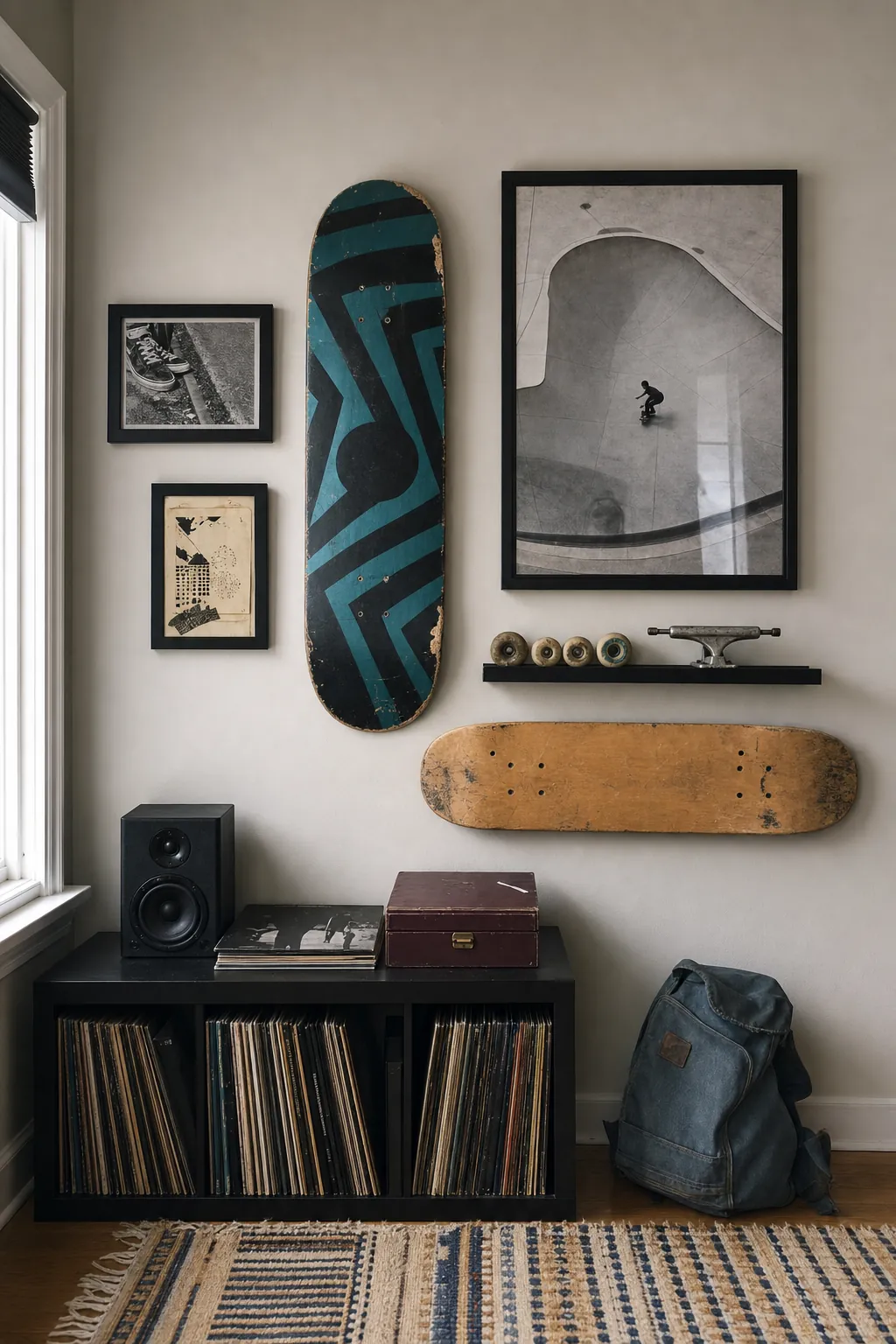 Skate room gallery wall combining decks, a skateboarding poster, and small memorabilia