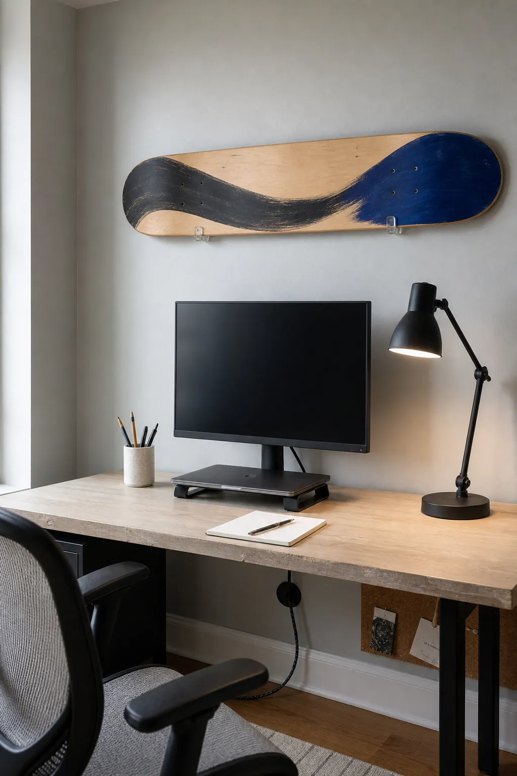 Horizontal skateboard deck mounted above a compact home-office desk