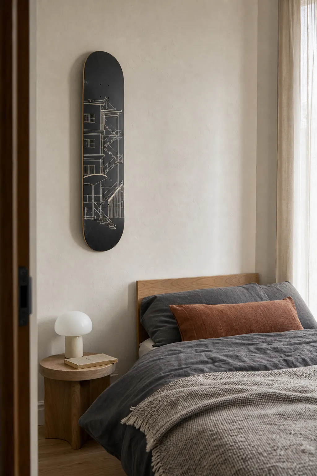 Monochrome skateboard deck with hand-painted architectural line art in a calm bedroom