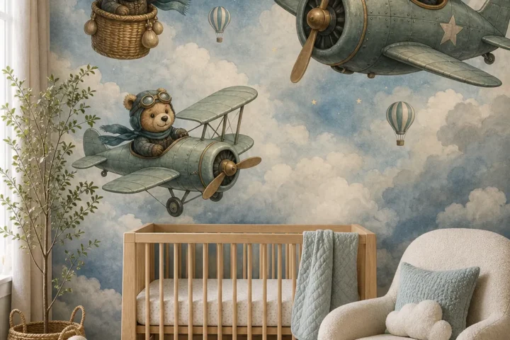 Teddy bear aviators floating in hot air balloons across a playful nursery mural