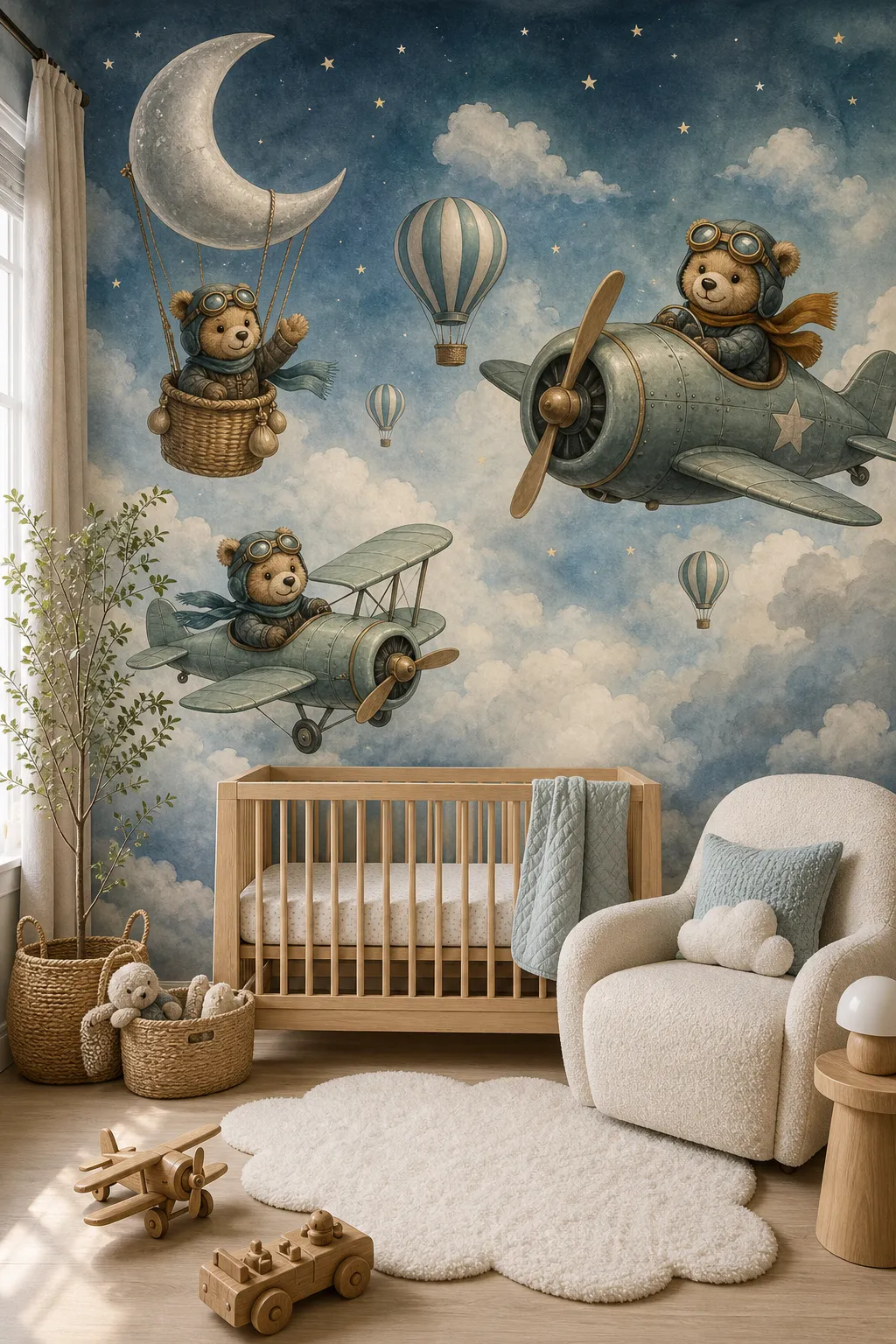 Teddy bear aviators floating in hot air balloons across a playful nursery mural