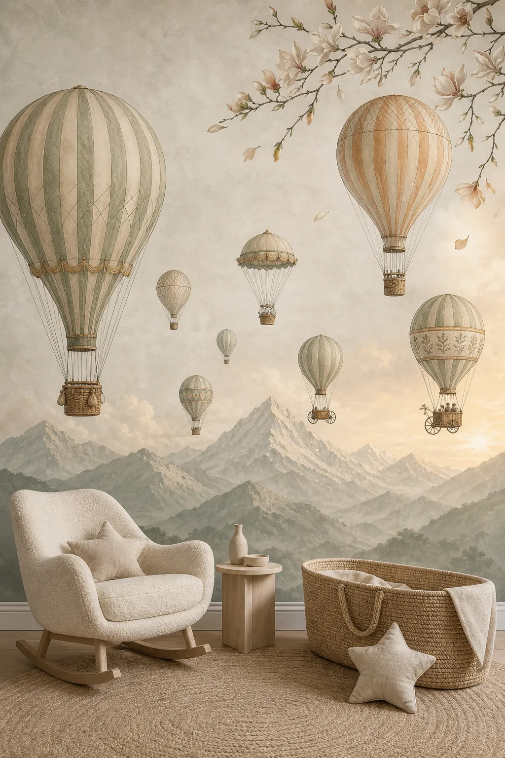 Serene hot air balloons drifting above misty mountains in a calming nursery mural