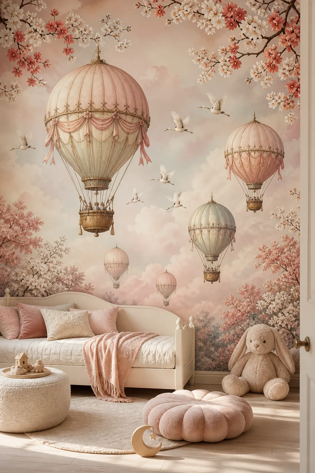 Blush pink hot air balloons and delicate birds decorating a soft nursery wall