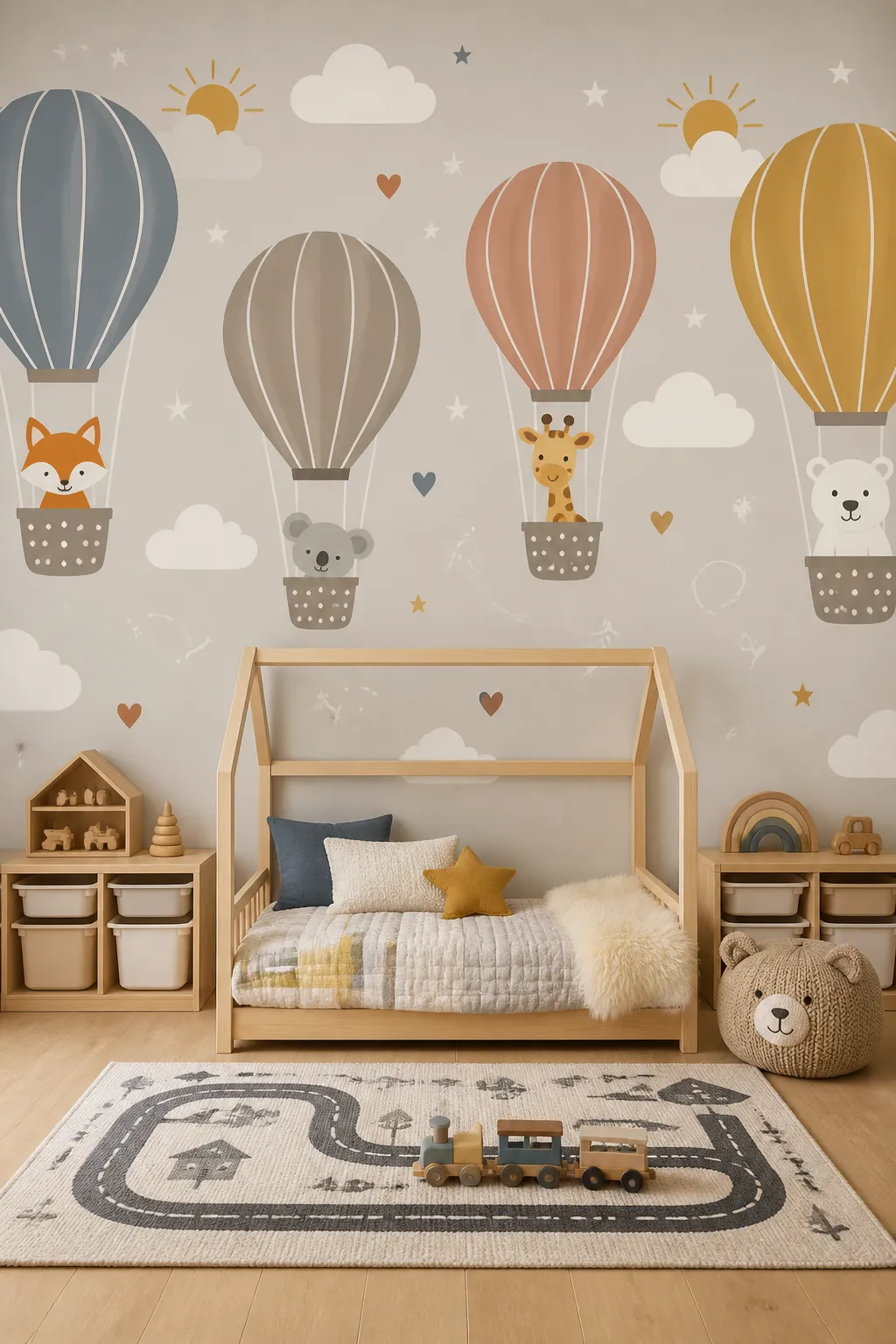Scandinavian-style animal friends riding in floating balloons on a nursery wall