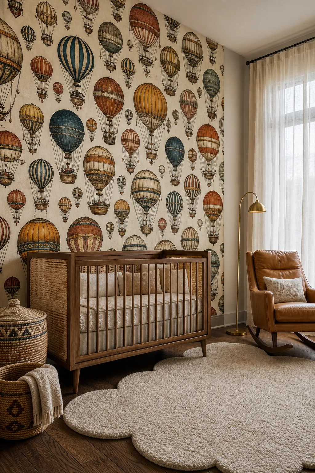 Vintage hot air balloons arranged across an elegant nursery feature wall