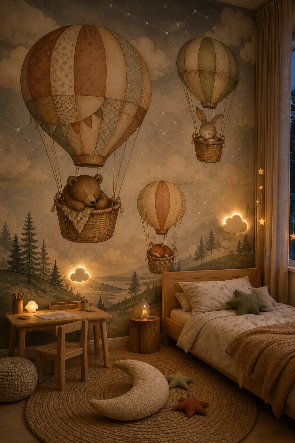 Sleepy woodland animals resting in balloons within a cozy nursery mural