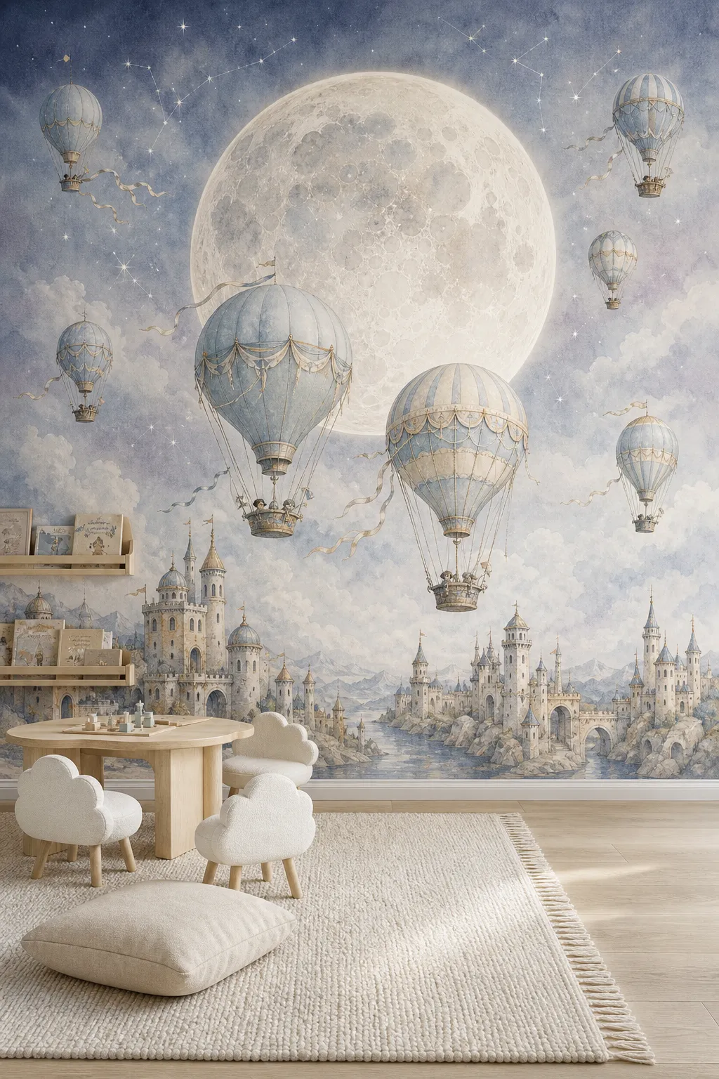 Moonlit hot air balloons floating above an enchanted castle in a magical wall mural