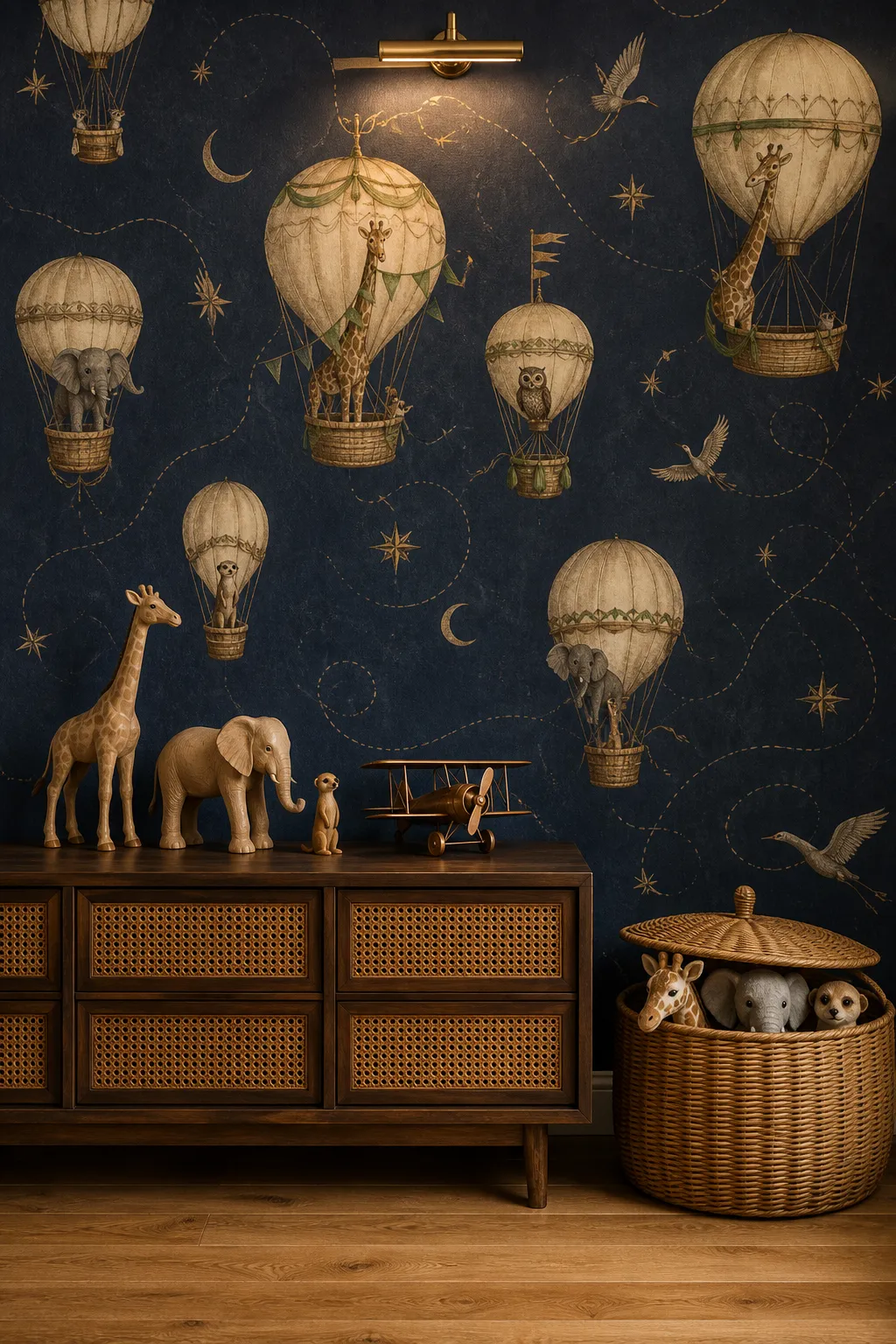 Vintage safari animals traveling in hot air balloons across a characterful playroom wall