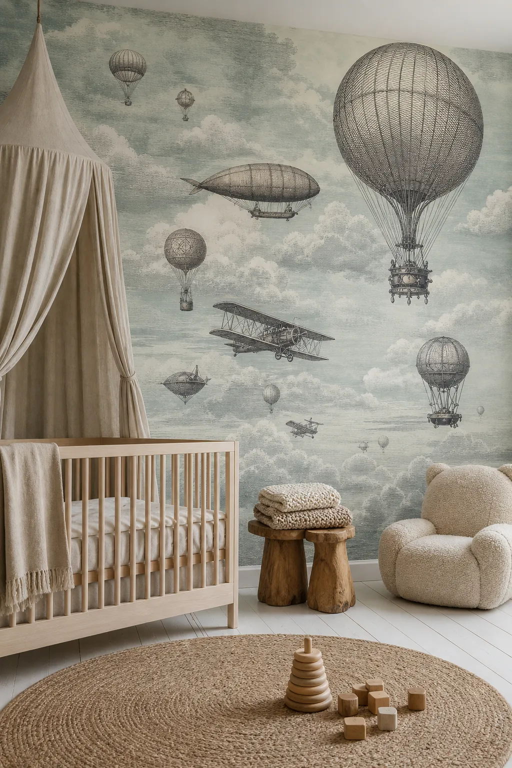 Engraved vintage airships traveling through clouds on an antique-style nursery mural