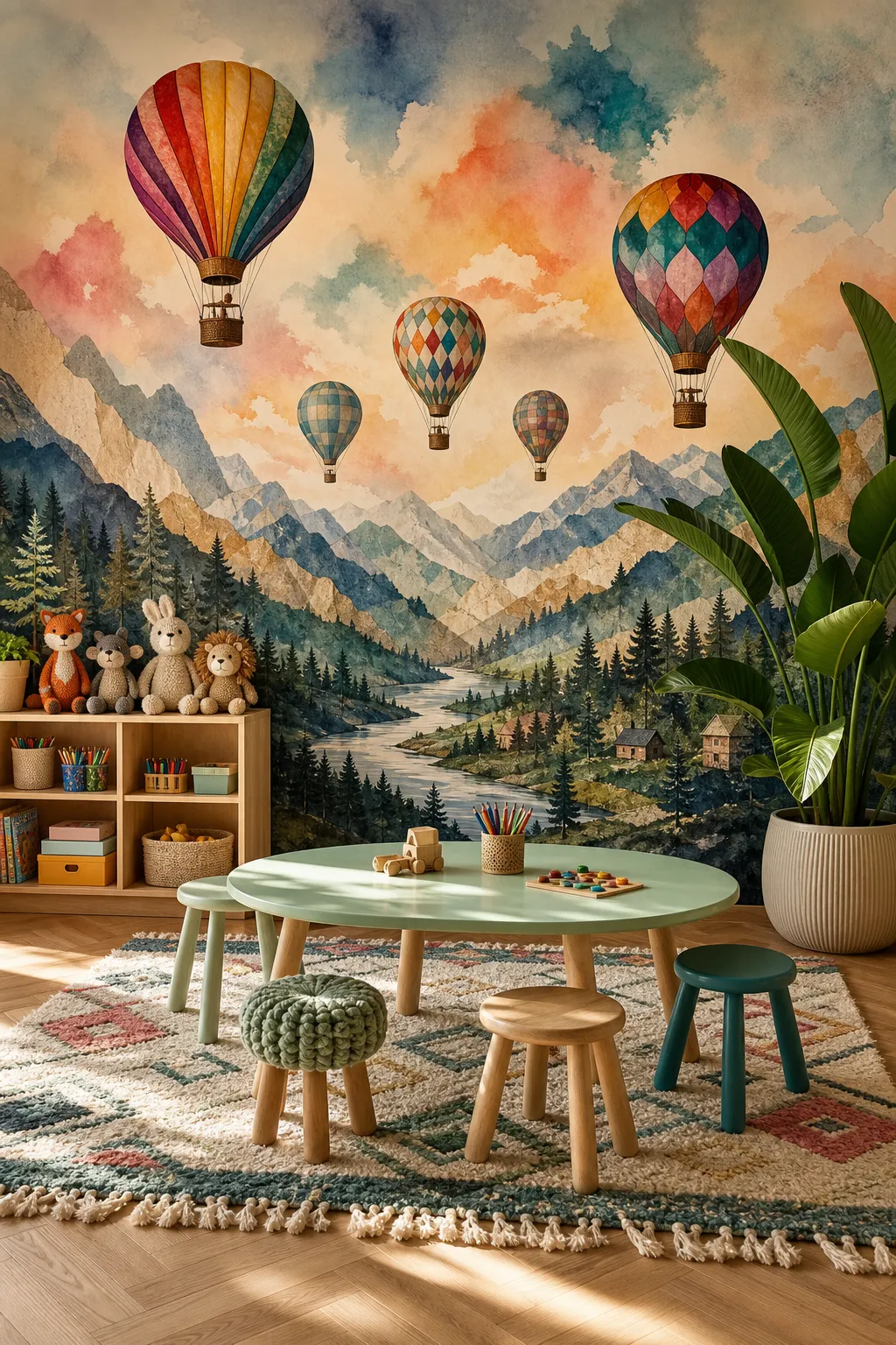 Colorful hot air balloons soaring over a cheerful illustrated mountain landscape