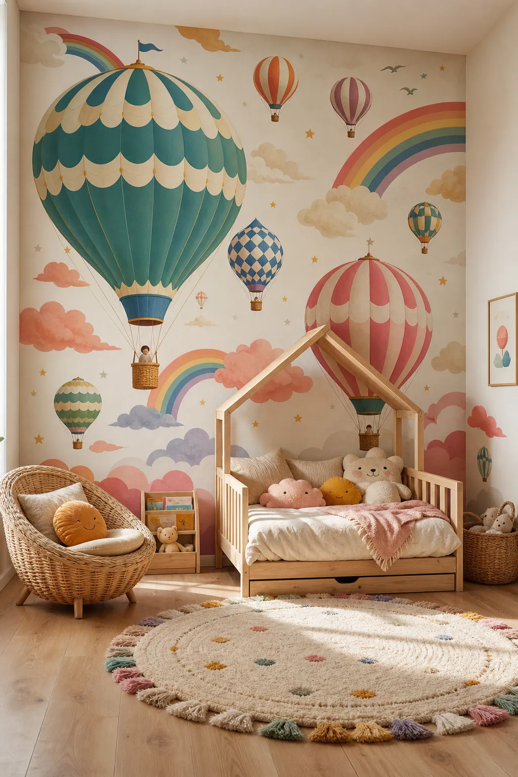 Rainbow-colored hot air balloons filling an energetic and joyful nursery mural
