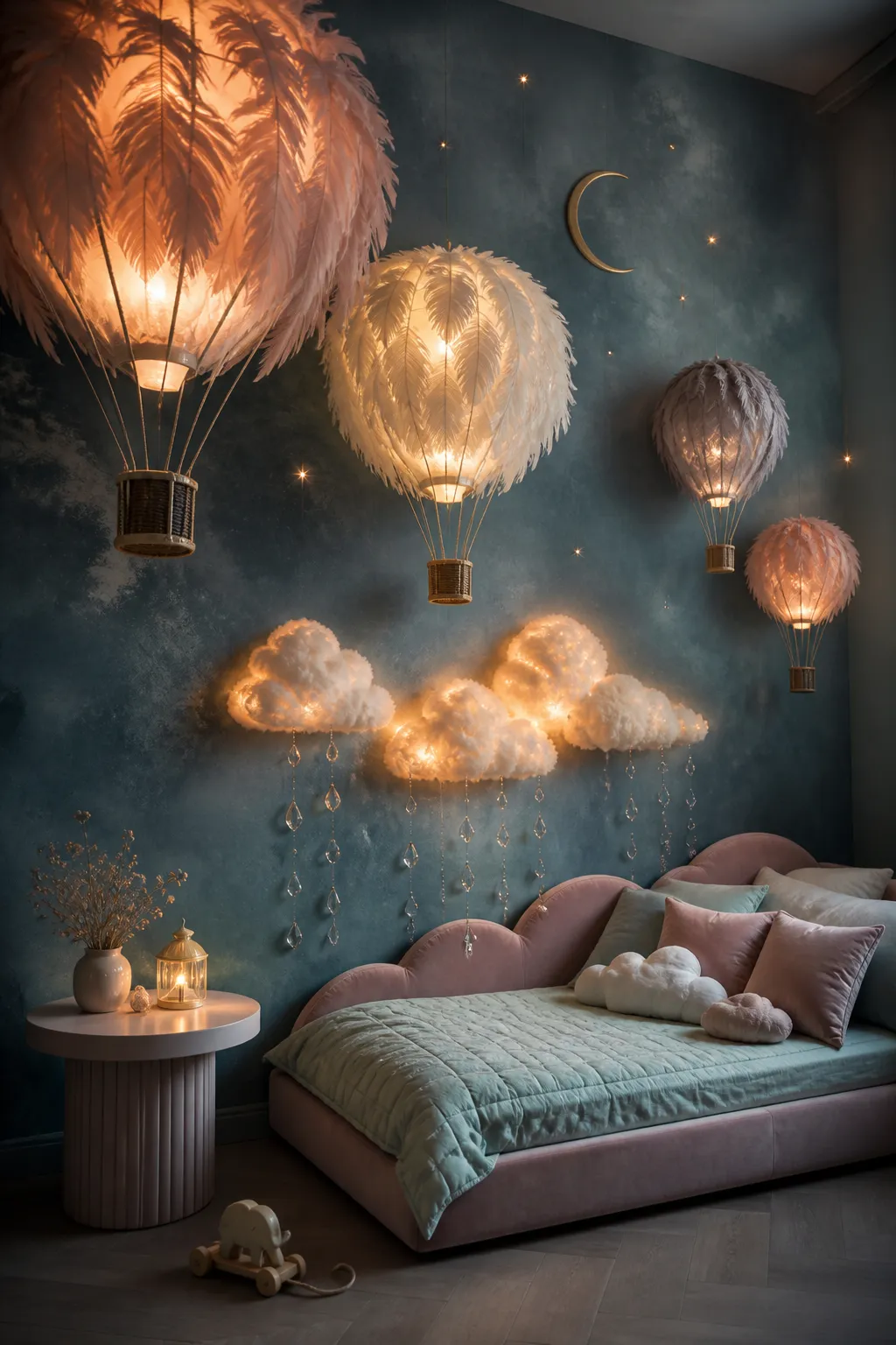 Delicate feather clouds surrounding floating balloons in an airy magical nursery mural