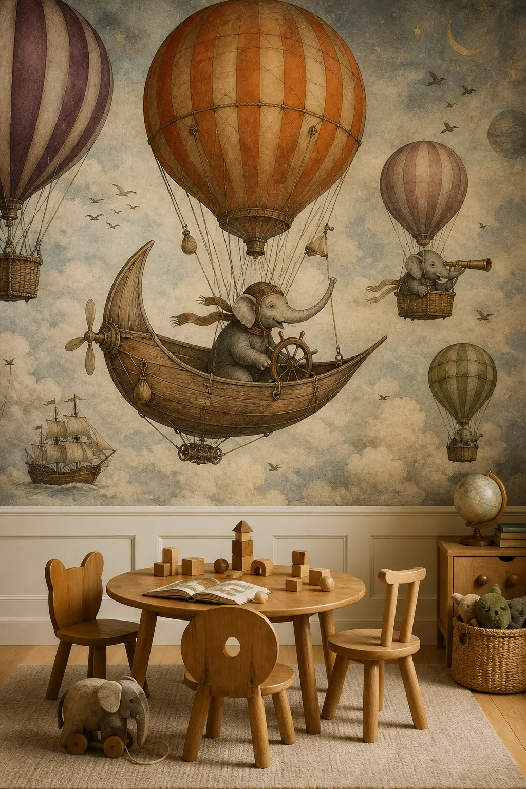 Gentle elephants riding in vintage hot air balloons across a safari nursery mural