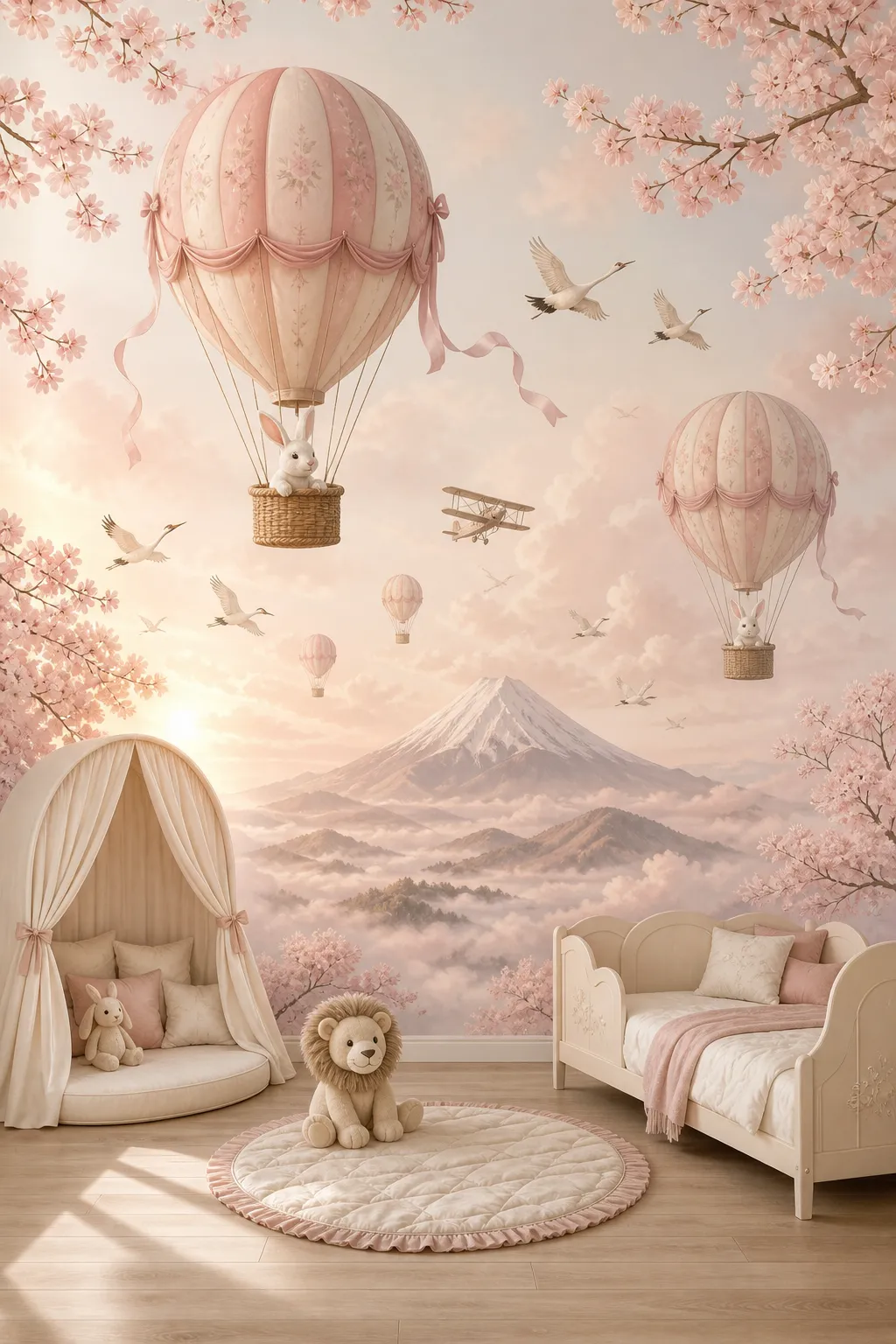 Blush bunny balloons drifting before dreamy pastel mountains in a nursery mural