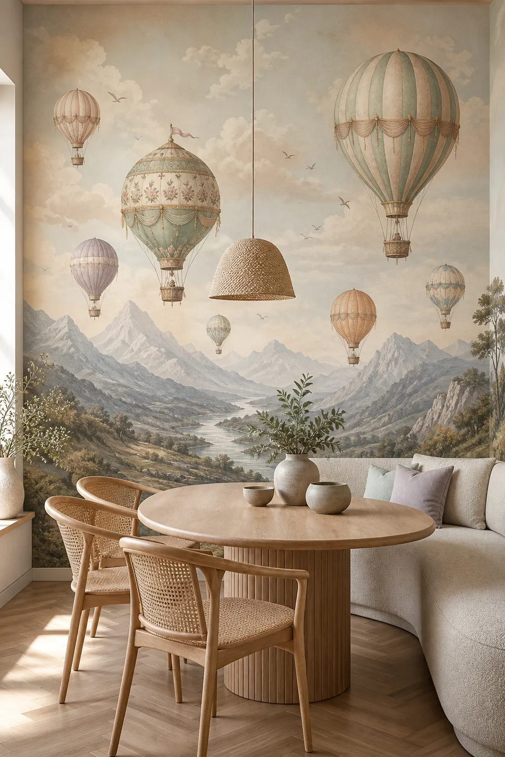 Pastel hot air balloons above layered mountains in a sophisticated shared children's room