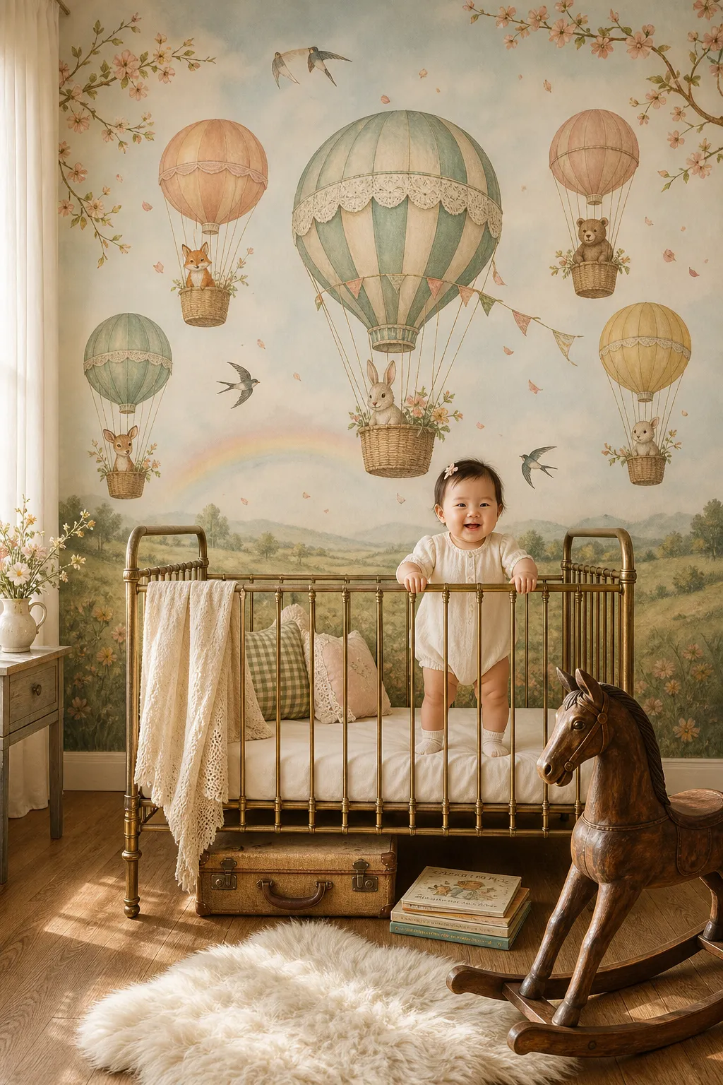 Whimsical hot air balloon mural in a classic storybook-style nursery