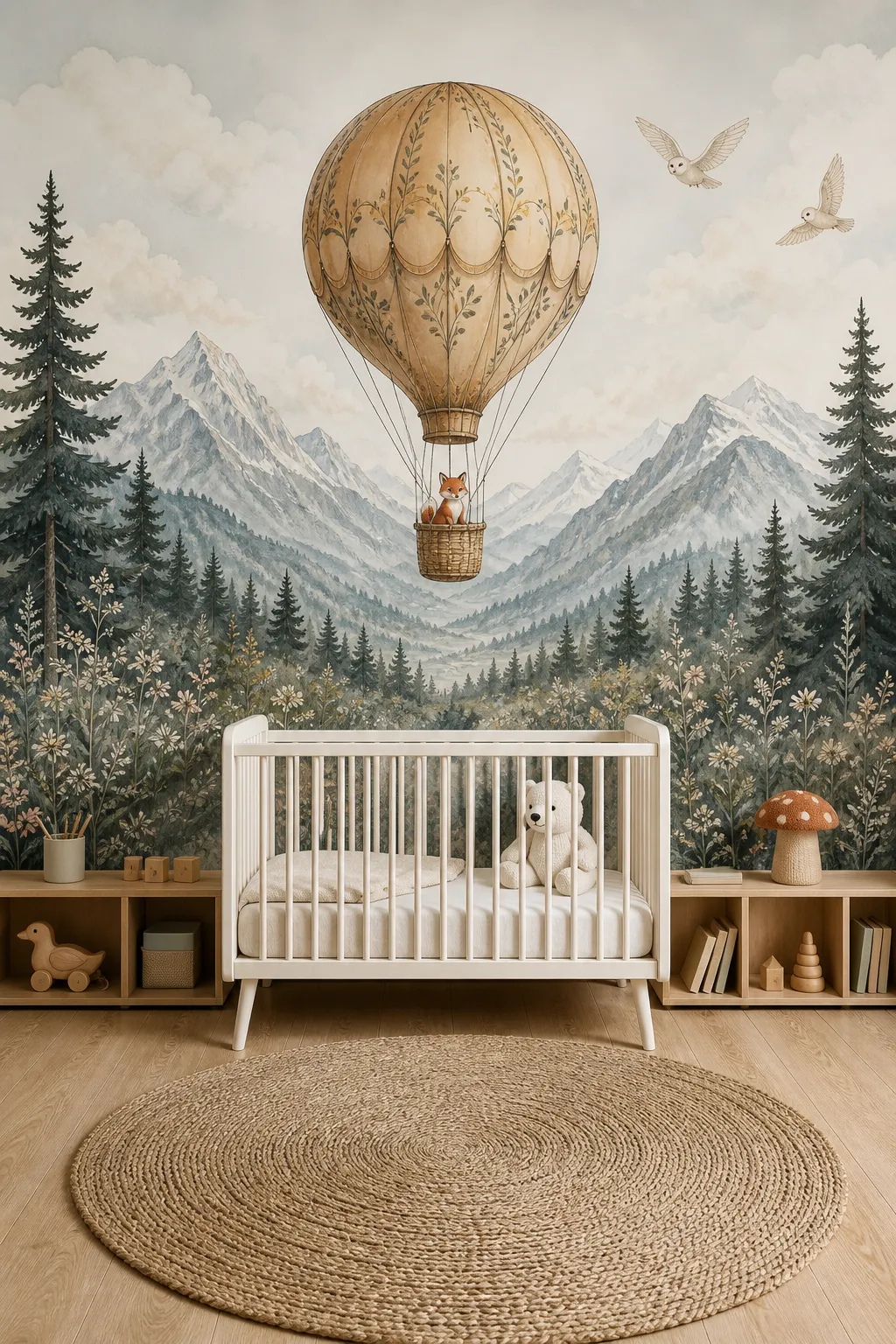 Hot air balloons floating above a peaceful mountain forest mural