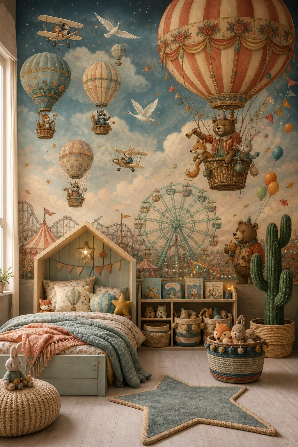 Vintage circus hot air balloons decorating a theatrical children’s room