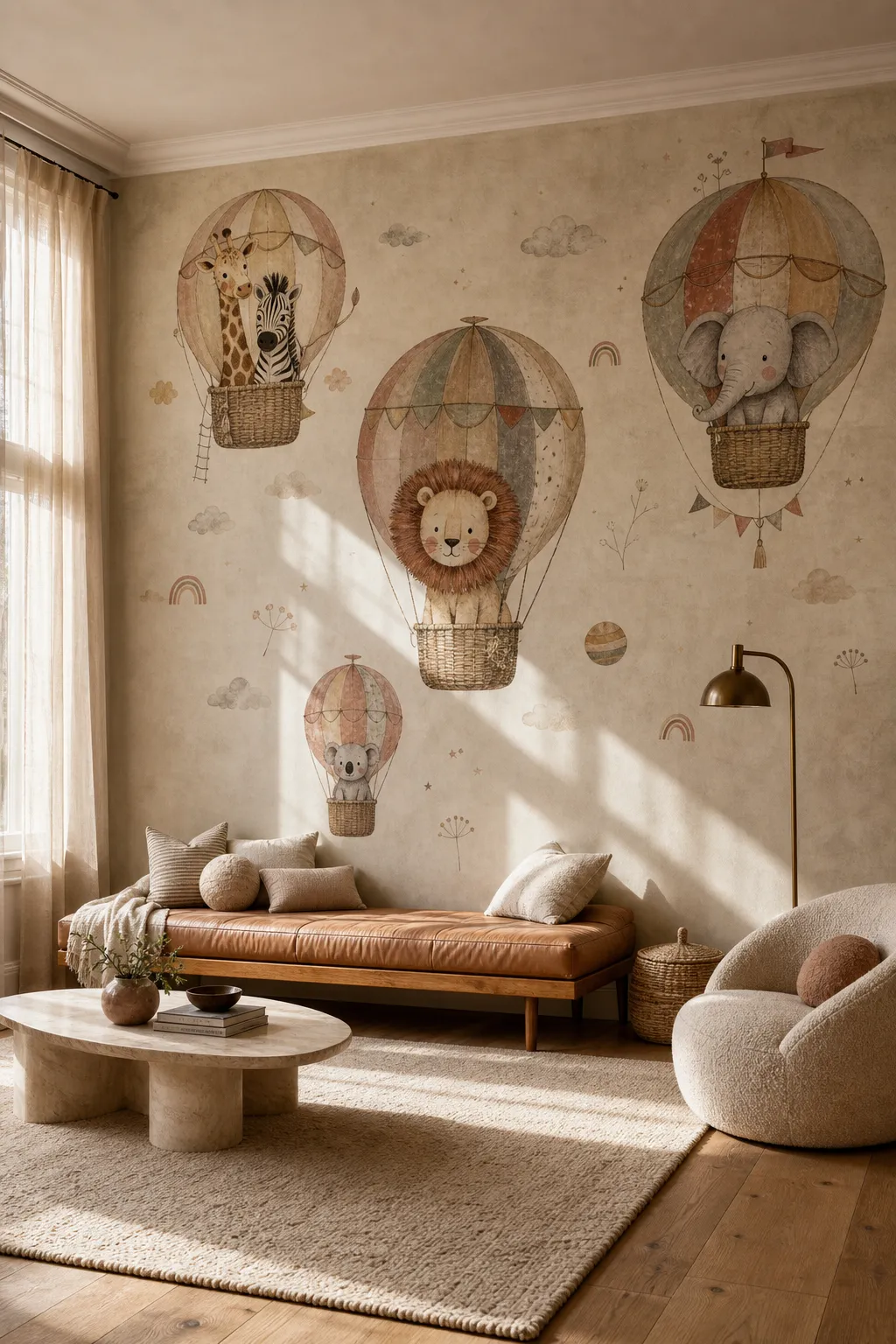 Boho safari animal mural in a warm and relaxed children’s room