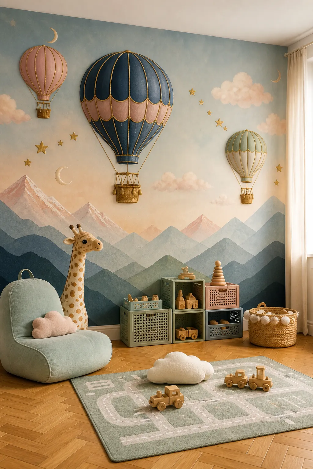 Pastel hot air balloons above mountains in a gentle playroom mural