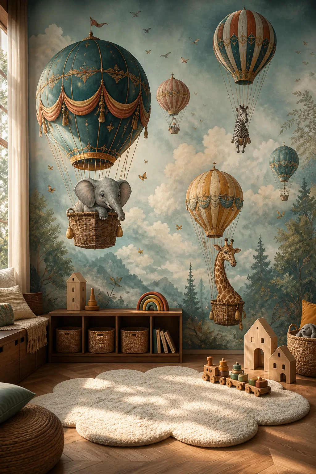 Whimsical hot air balloons carrying safari animal friends