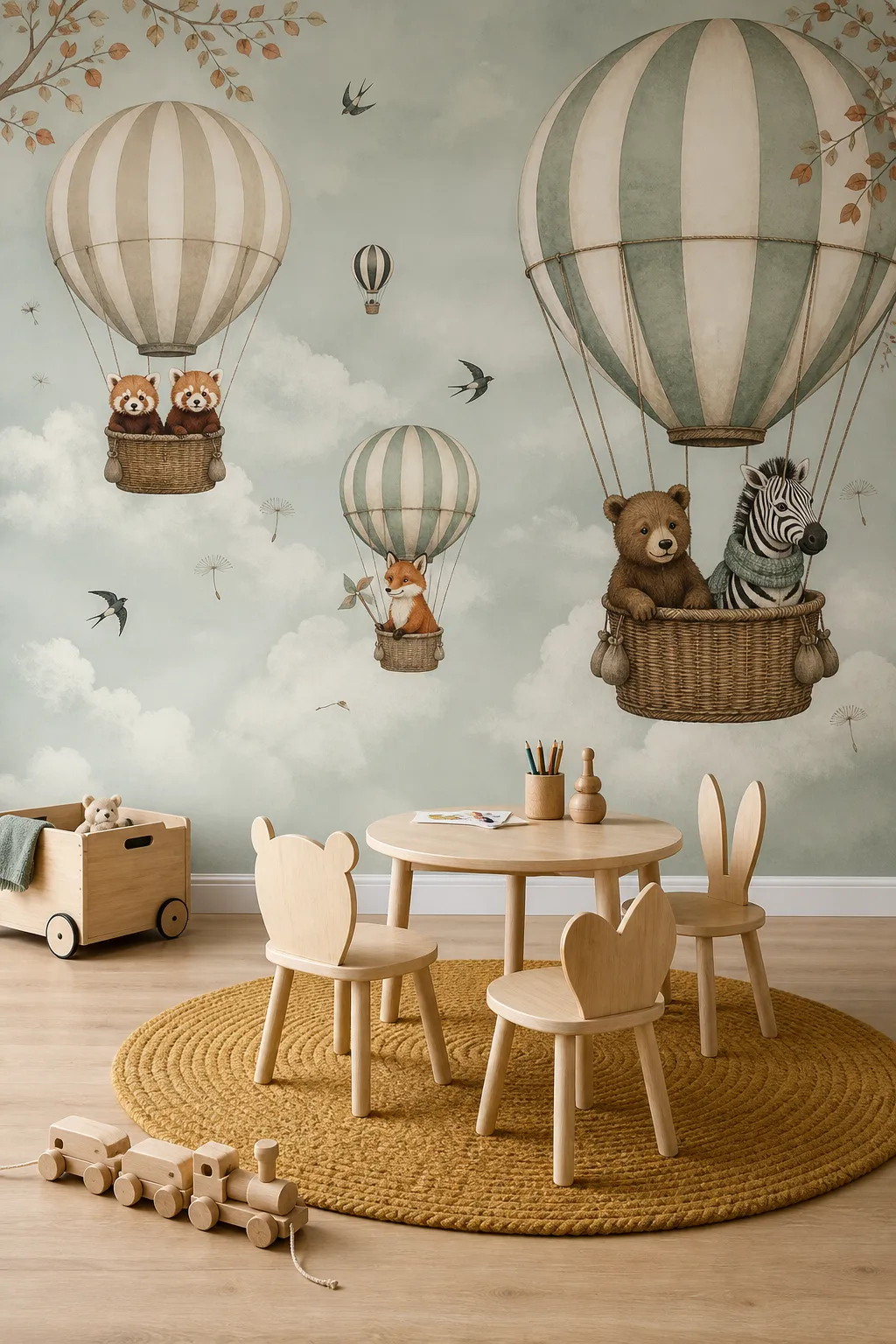 Minimal Scandinavian hot air balloon mural in a gender-neutral nursery