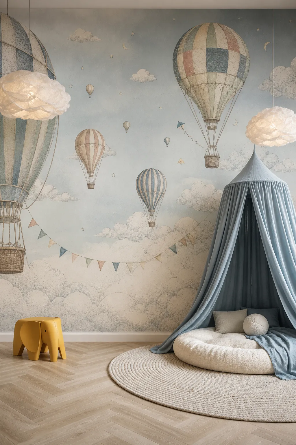 Pastel cloud and hot air balloon mural behind a cozy nursery teepee