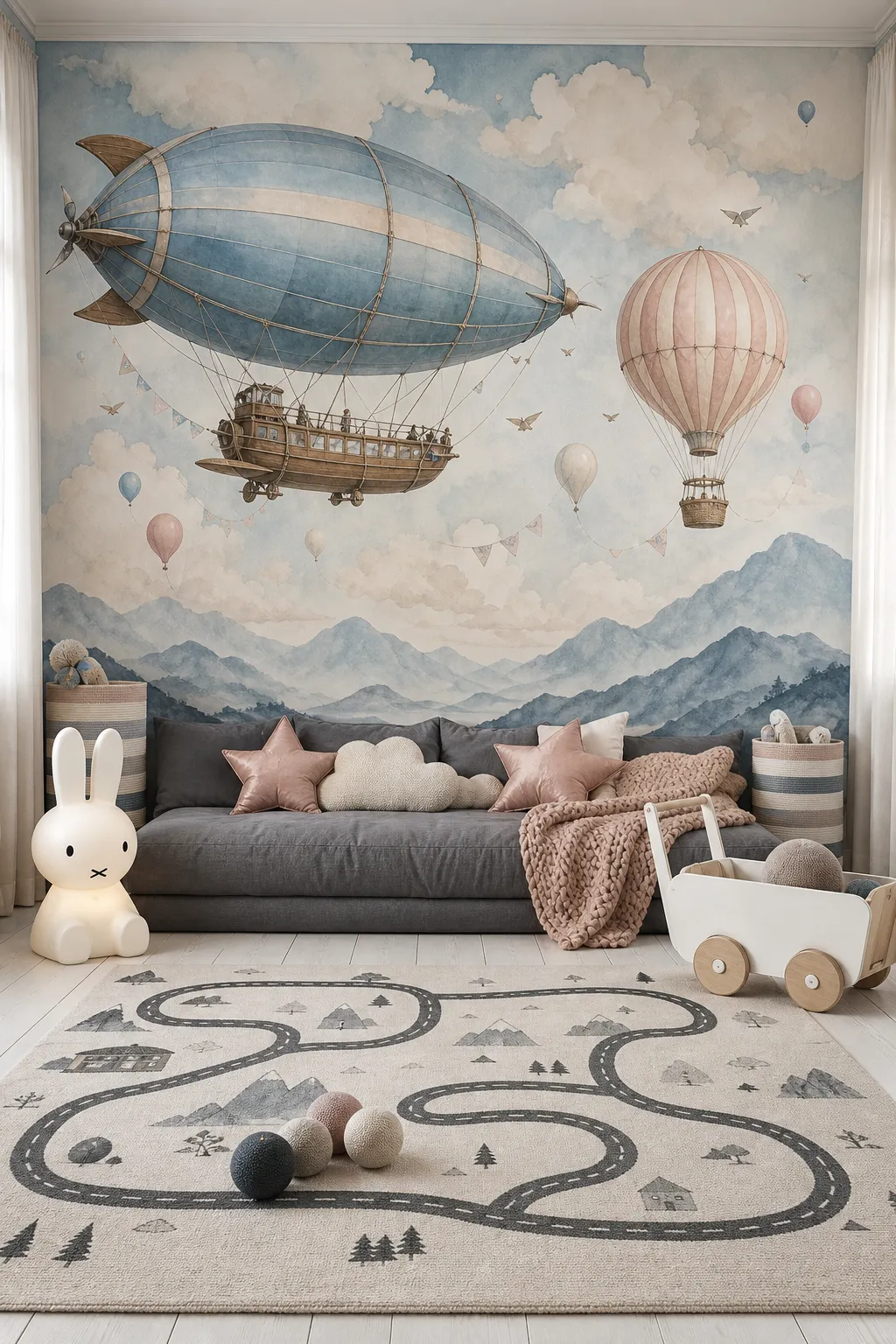 Light watercolor airships floating across an imaginative nursery wall