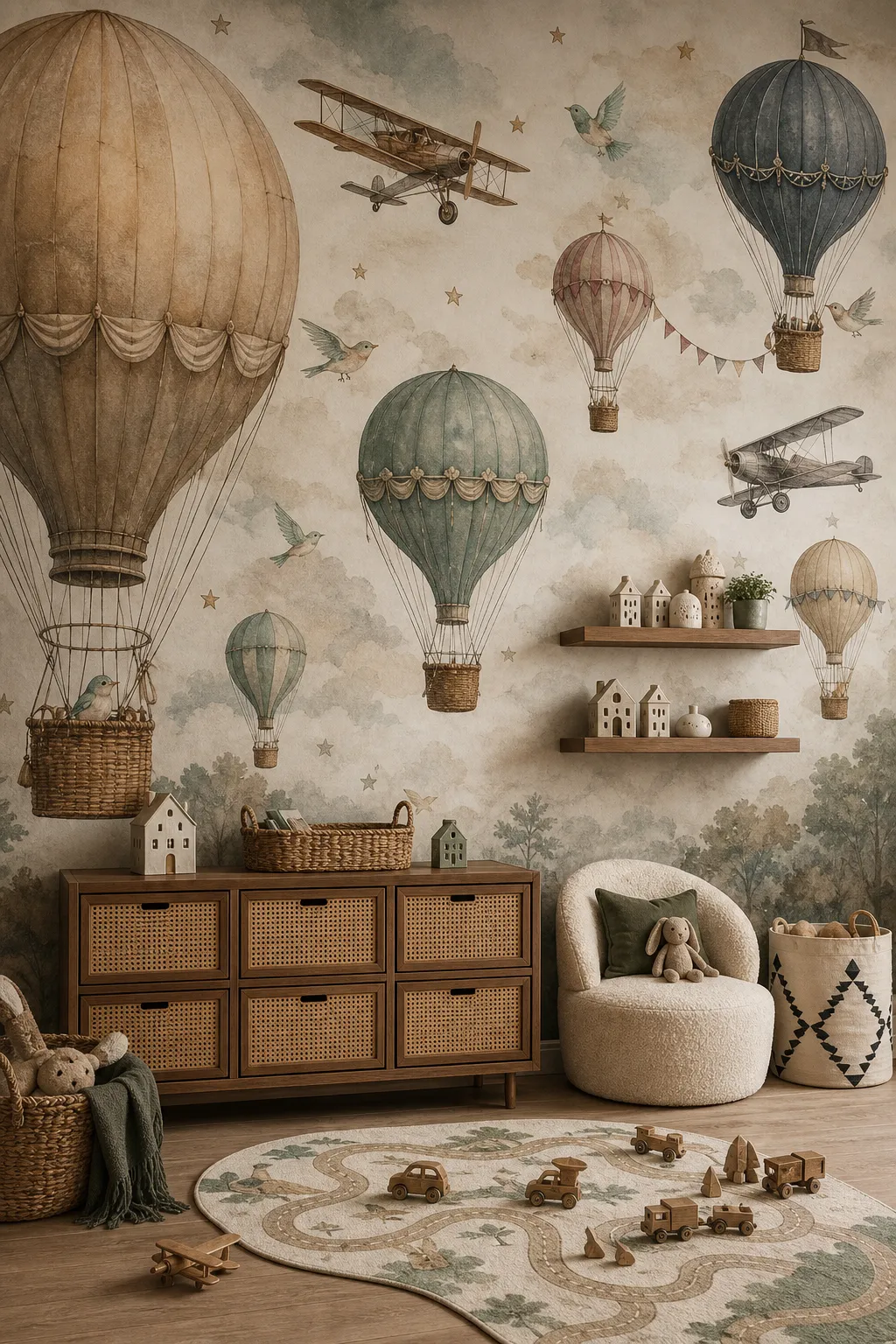 Vintage birds flying among hot air balloons in a nostalgic nursery mural