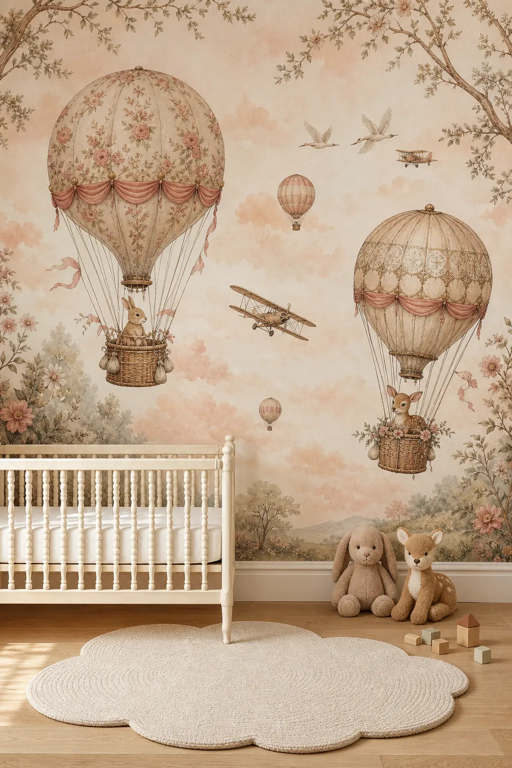 Blush vintage hot air balloons with delicate storybook details