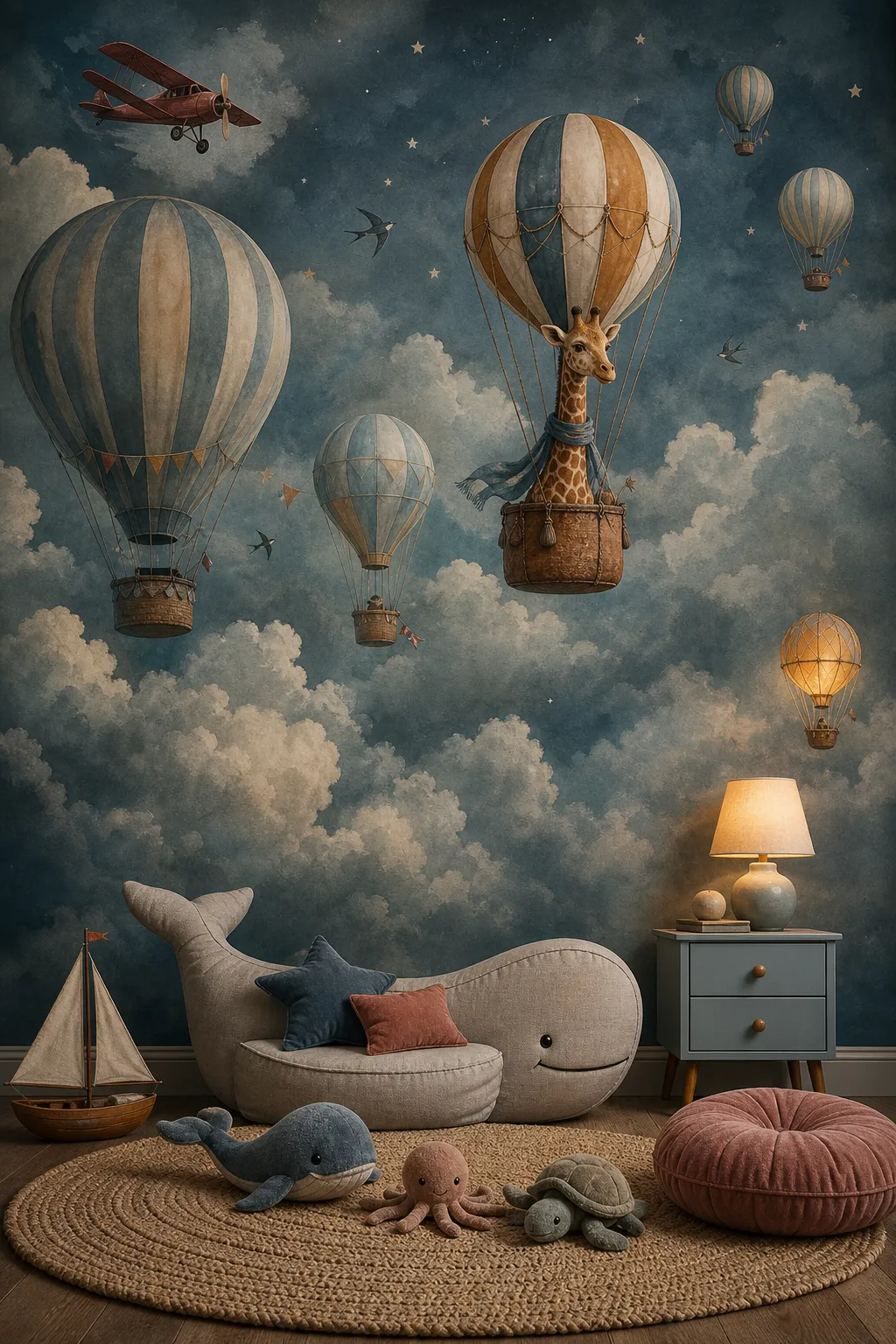 Giraffes riding balloons against a moody storybook-blue nursery wall