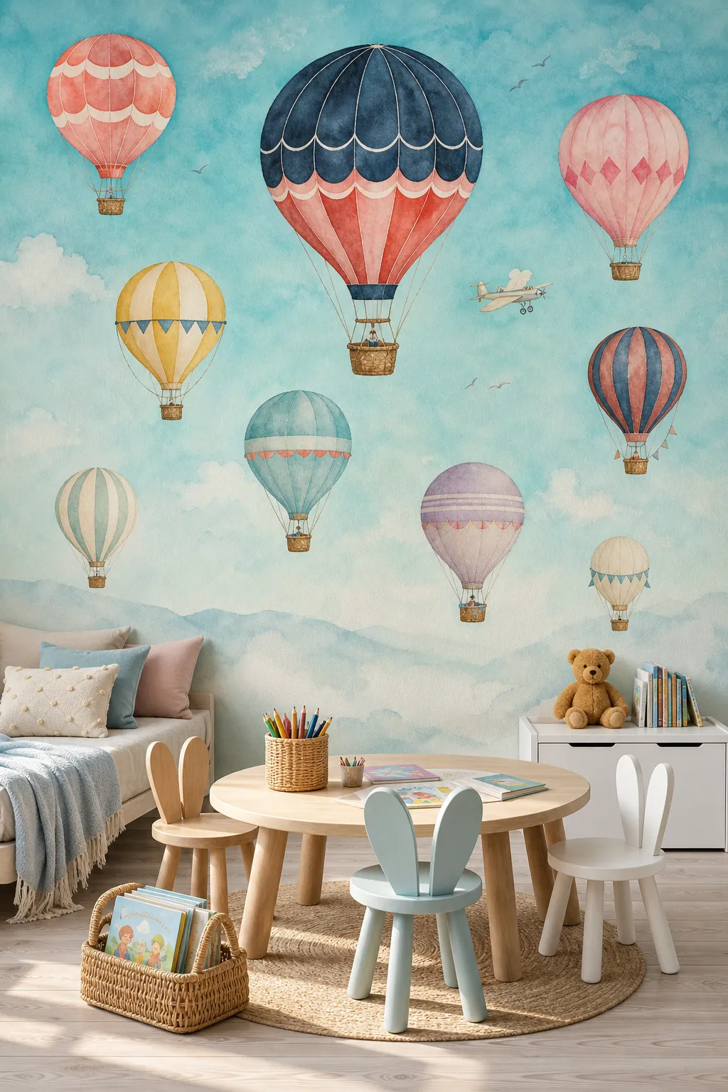 Colorful watercolor hot air balloons in a creative children’s playroom