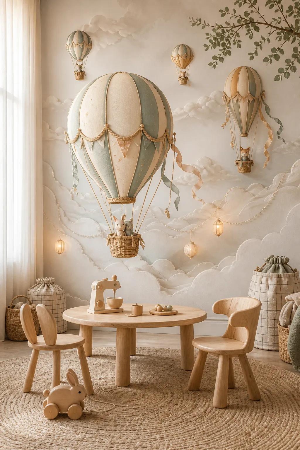 Neutral pastel hot air balloons in a Montessori-inspired children’s space