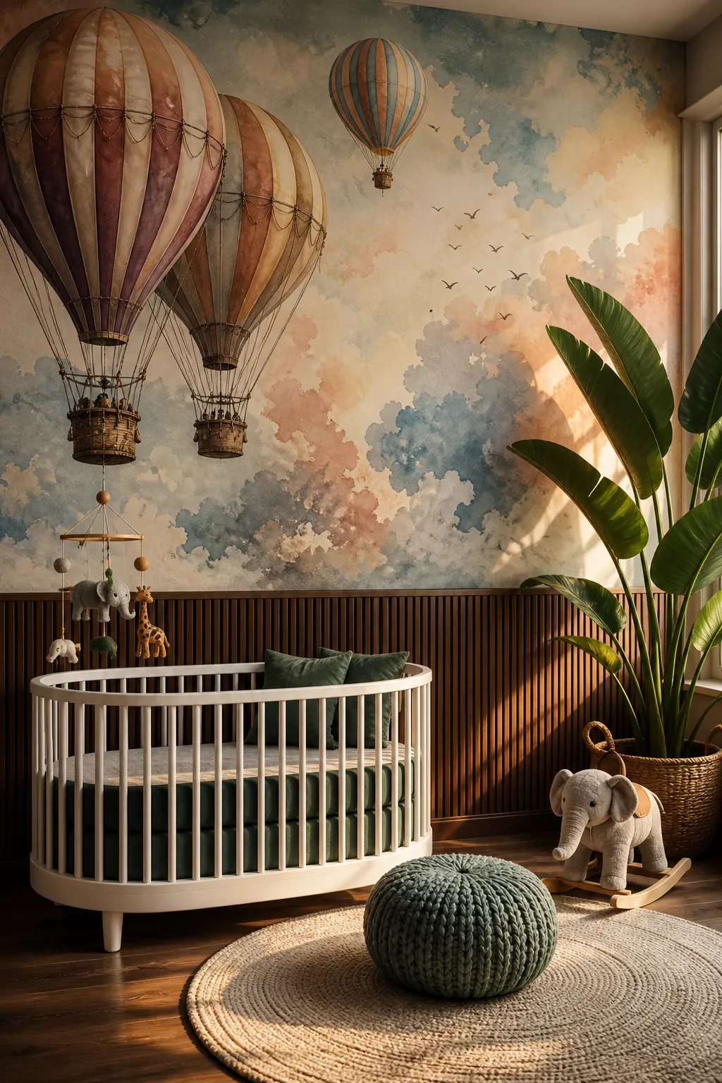 Modern watercolor hot air balloon mural in a fresh contemporary nursery