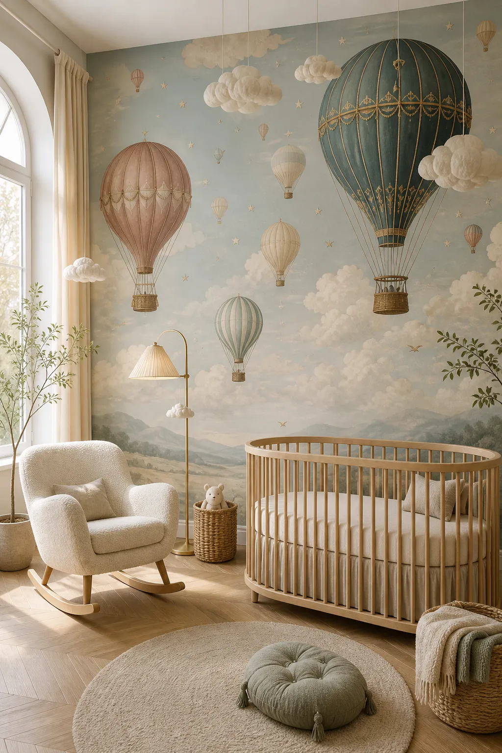 Dreamy pastel hot-air balloons displayed with soft, neutral nursery decor