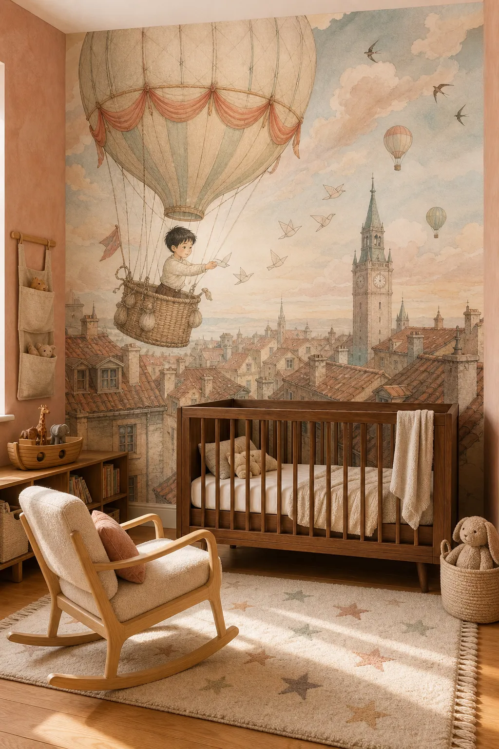Whimsical balloons floating above a charming illustrated storybook city